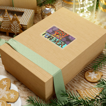 Art Is Forever kiss-cut sticker on a gift box — transparent finish, 3″ × 3″