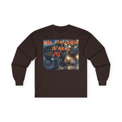 The Struggle Is Real long sleeve tee featuring a moody cinematic street scene by Reese Wilson
