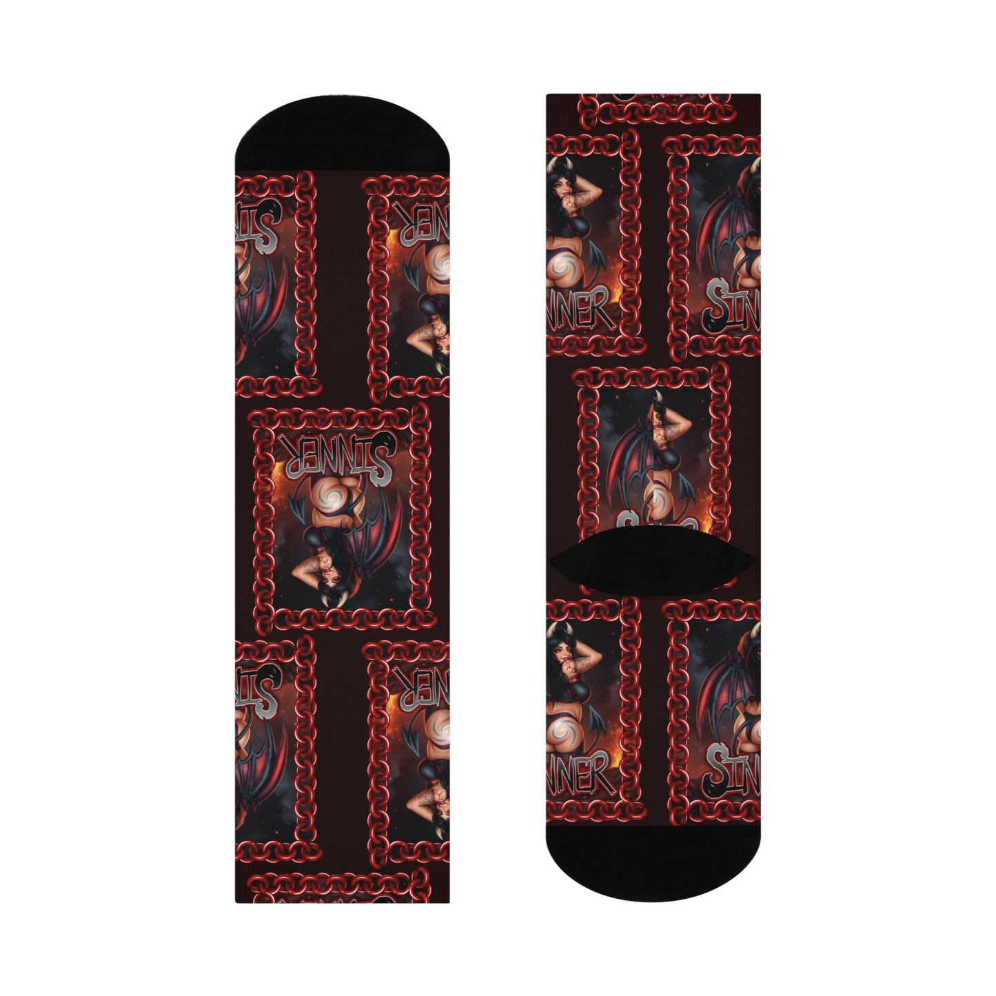 Saint & Sinner Crew Socks — Mismatched Blue and Red Graphic Cushioned Socks