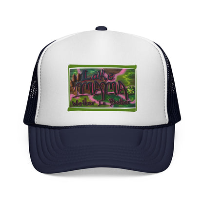 Lake Vibes Trucker Cap — Vintage Nature Graphic ‘Lake’ Mesh Hat