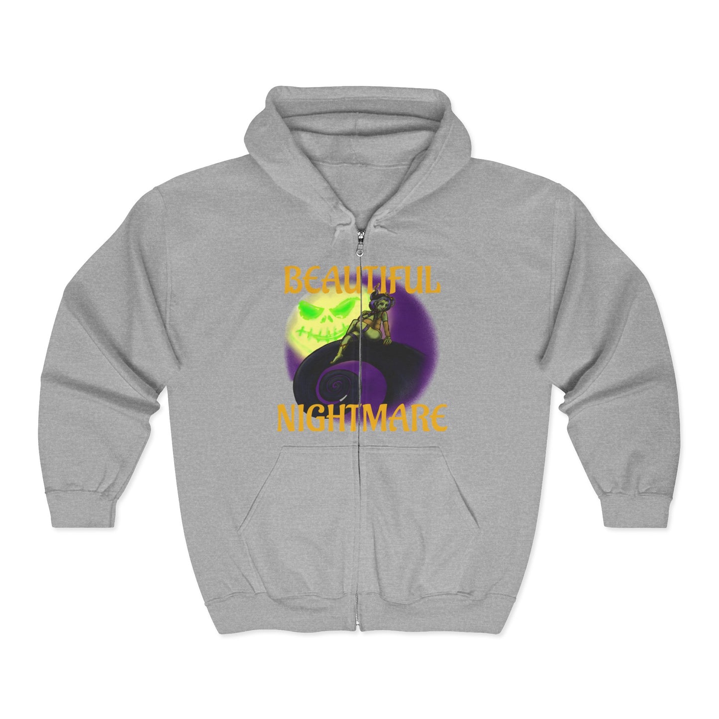 Beautiful Nightmare Zip-Up Hoodie | Unisex Heavy Blend Sweatshirt for Halloween, Cozy Layer, Lounge Wear, Gift for Spooky Season