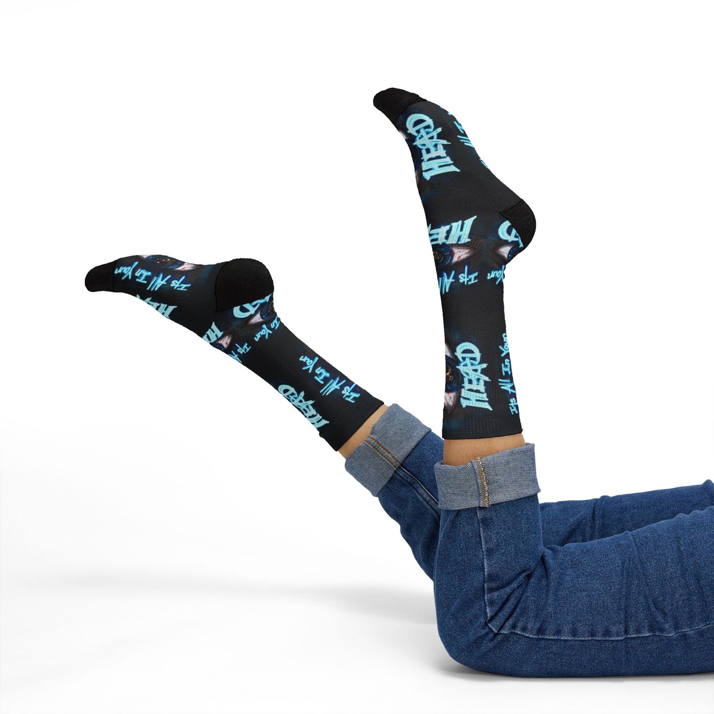 It's All In Your Head Graphic Sublimation Socks — Blue Neon Streetwear