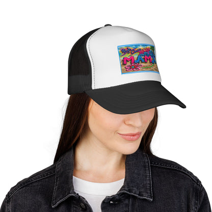 Mama Beach Trucker Hat — Colorful Tropical "MAMA" Cap for Moms, Vacation & Mother's Day
