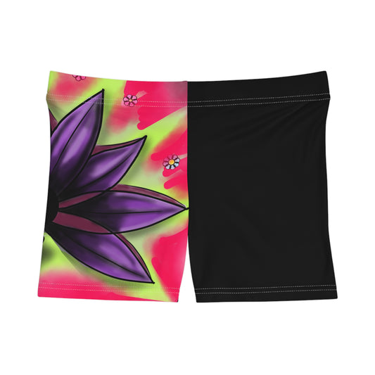 Vibrant Floral Women's Shorts, Trendy Summer Beachwear, Athletic Shorts, Trendy Lotus Design