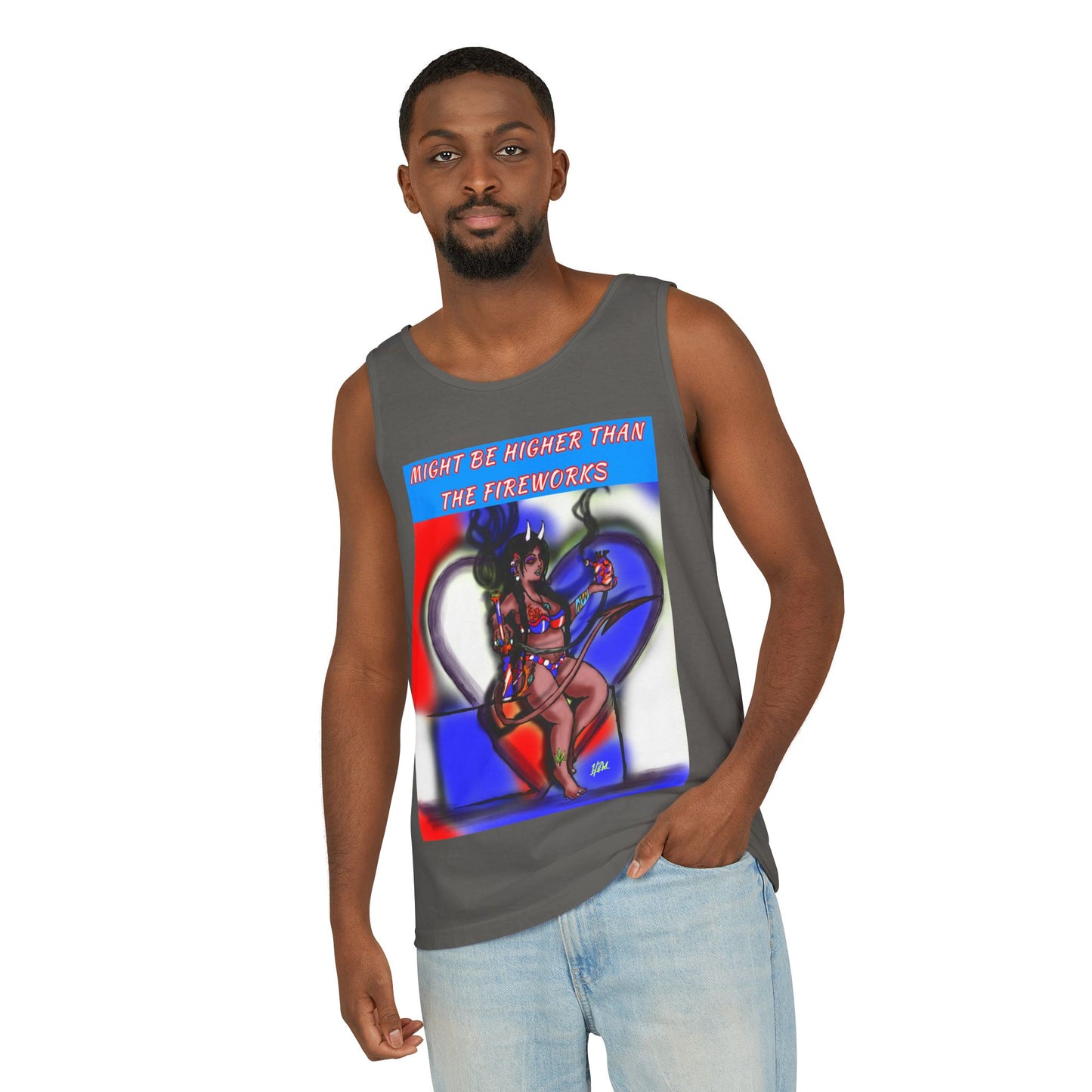 Vibrant Graphic Tank Top – Might Be Higher Than The Fireworks, Summer Apparel, Festival Wear, Unisex Fashion, Gift for Music Lovers