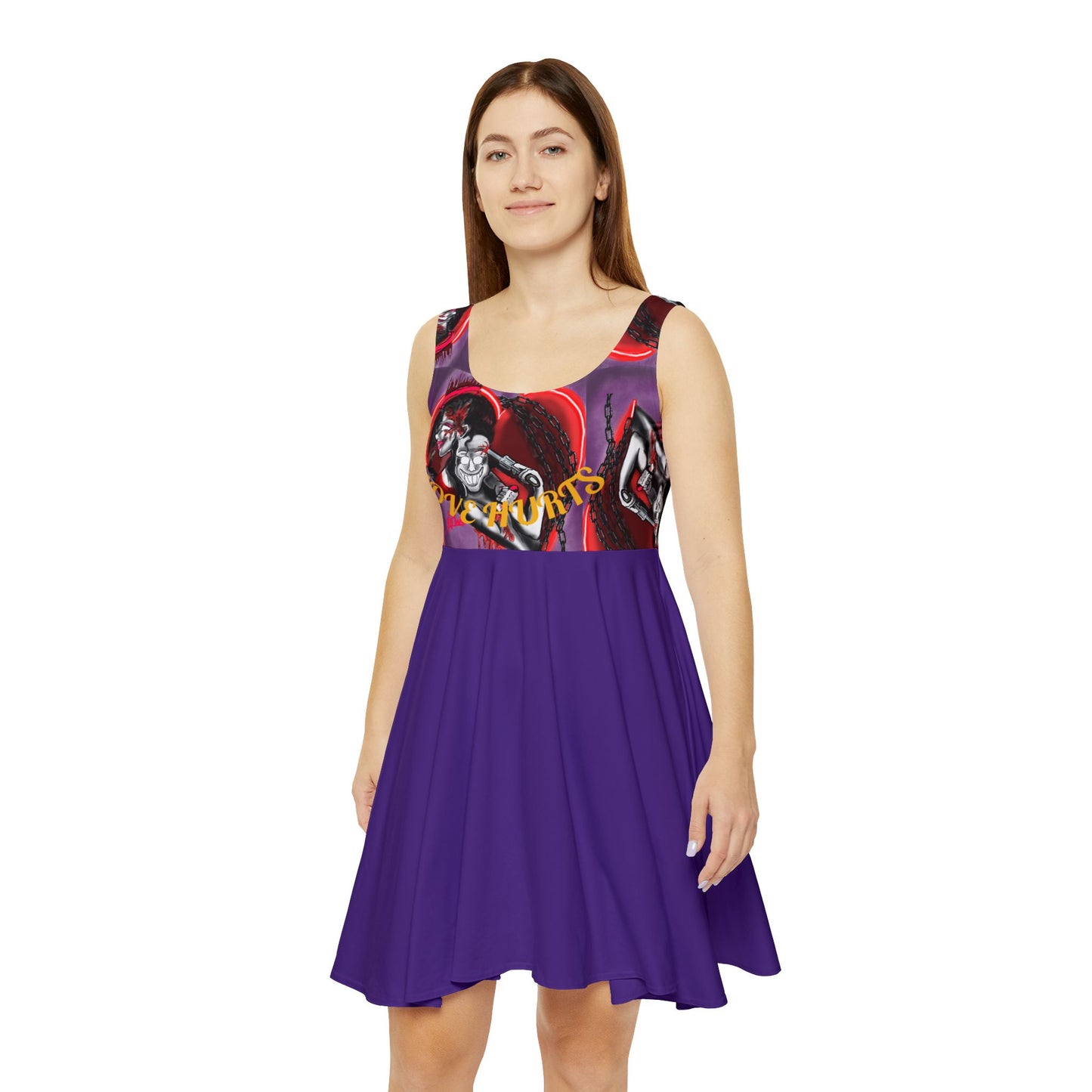 Edgy Women's Skater Dress - "Love Hurts" Graphic Design for Bold Fashion