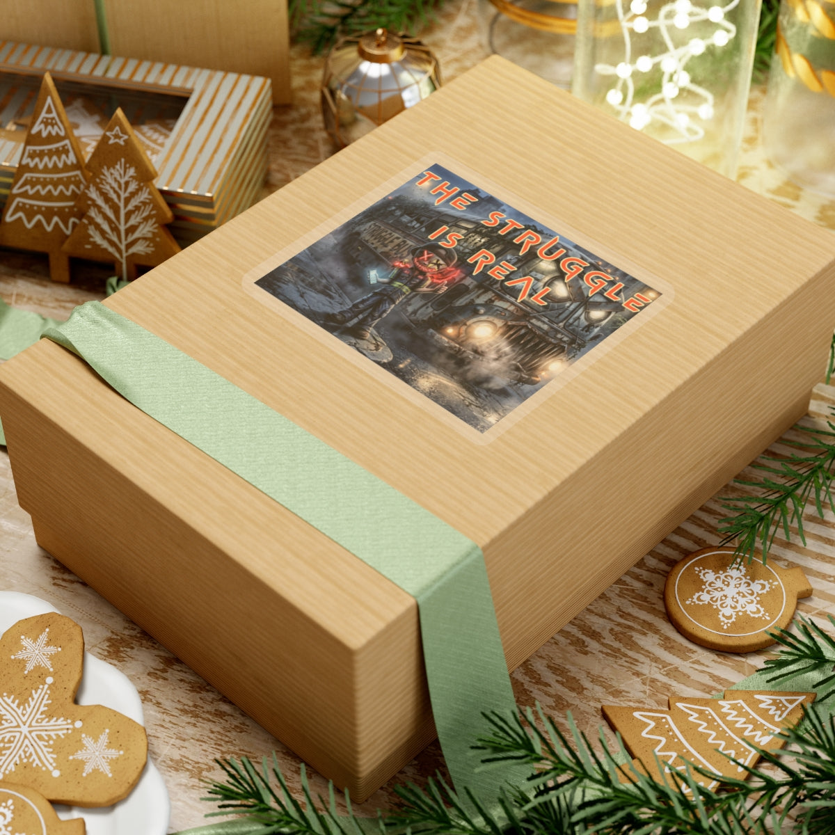 The Struggle Is Real kiss-cut sticker on a gift box — transparent finish, 4″ × 4″
