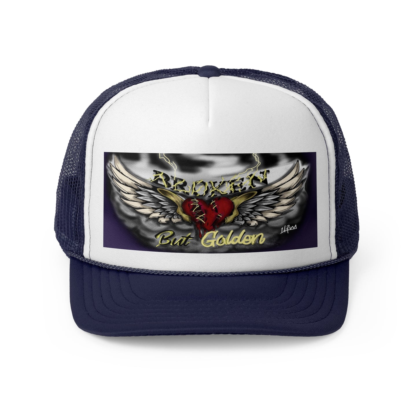 Broken but Golden trucker hat, artistic hat, custom art, artistic fashion