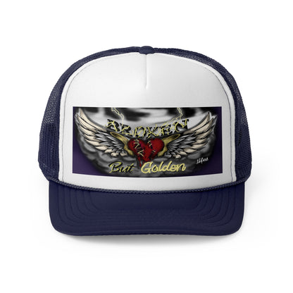 Broken but Golden trucker hat, artistic hat, custom art, artistic fashion