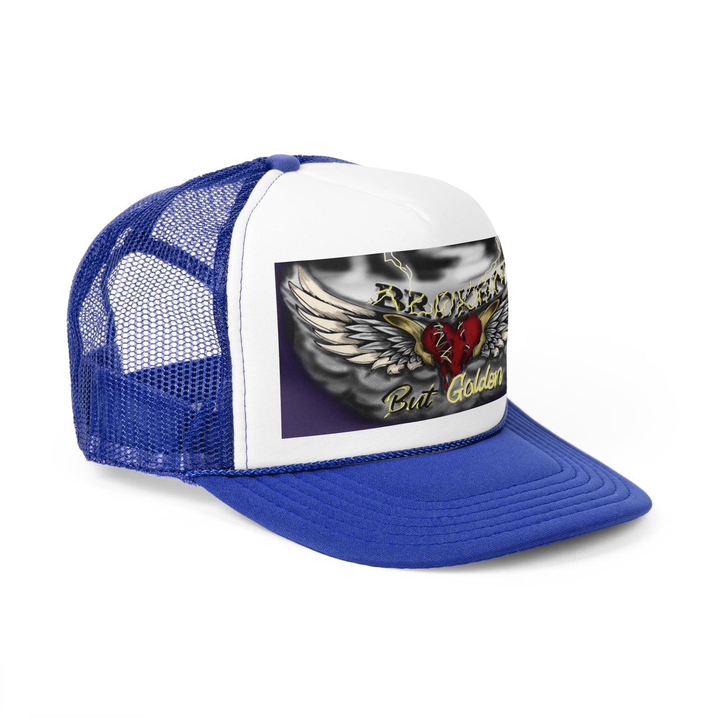 Broken but Golden trucker hat, artistic hat, custom art, artistic fashion