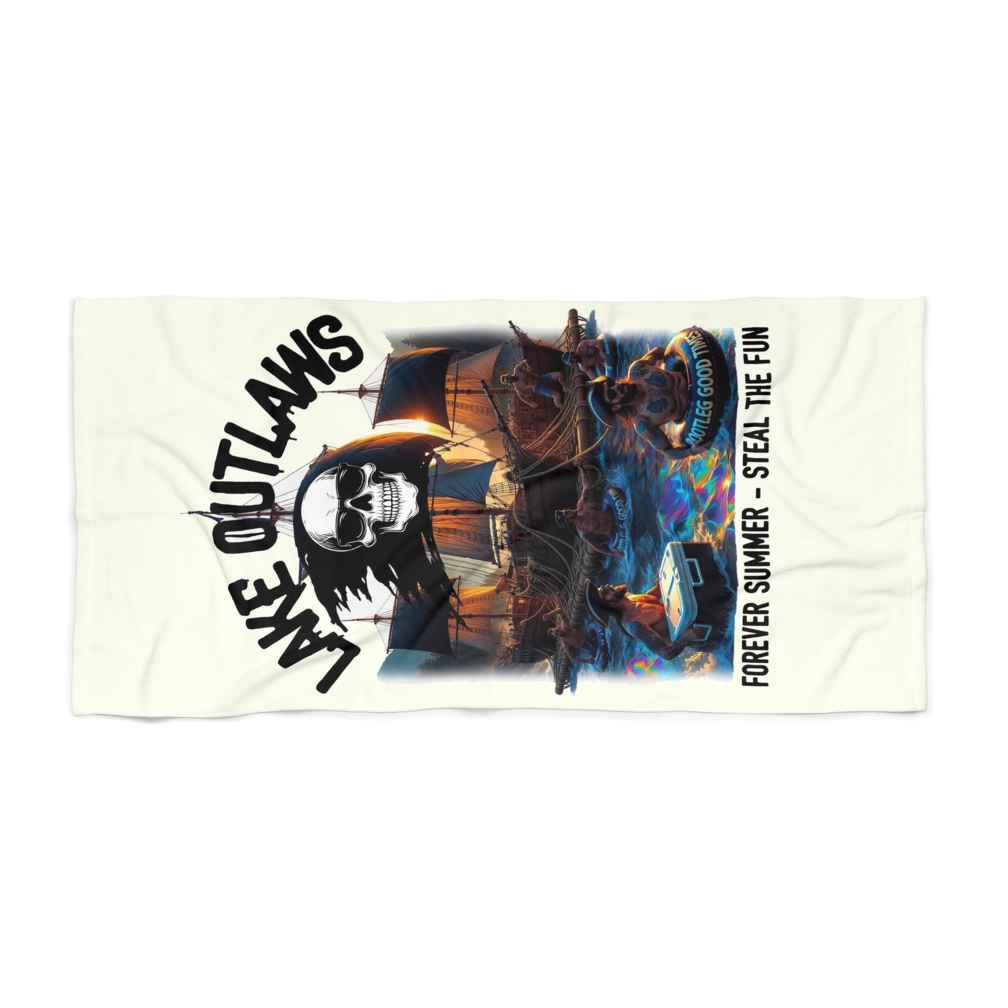 Lake Outlaws Beach Towel — "Forever Summer, Steal the Fun" Skull Pirate Design