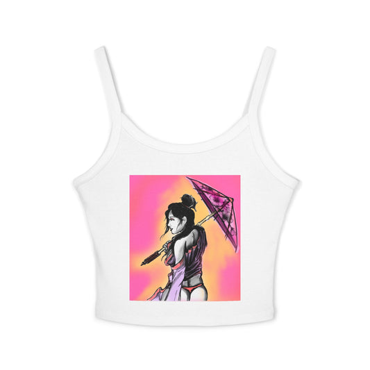 Vibrant Geisha Women's Spaghetti Strap Tank Top with Umbrella Design, Summer Wear, Beach Style, Festival Top, Casual Layering