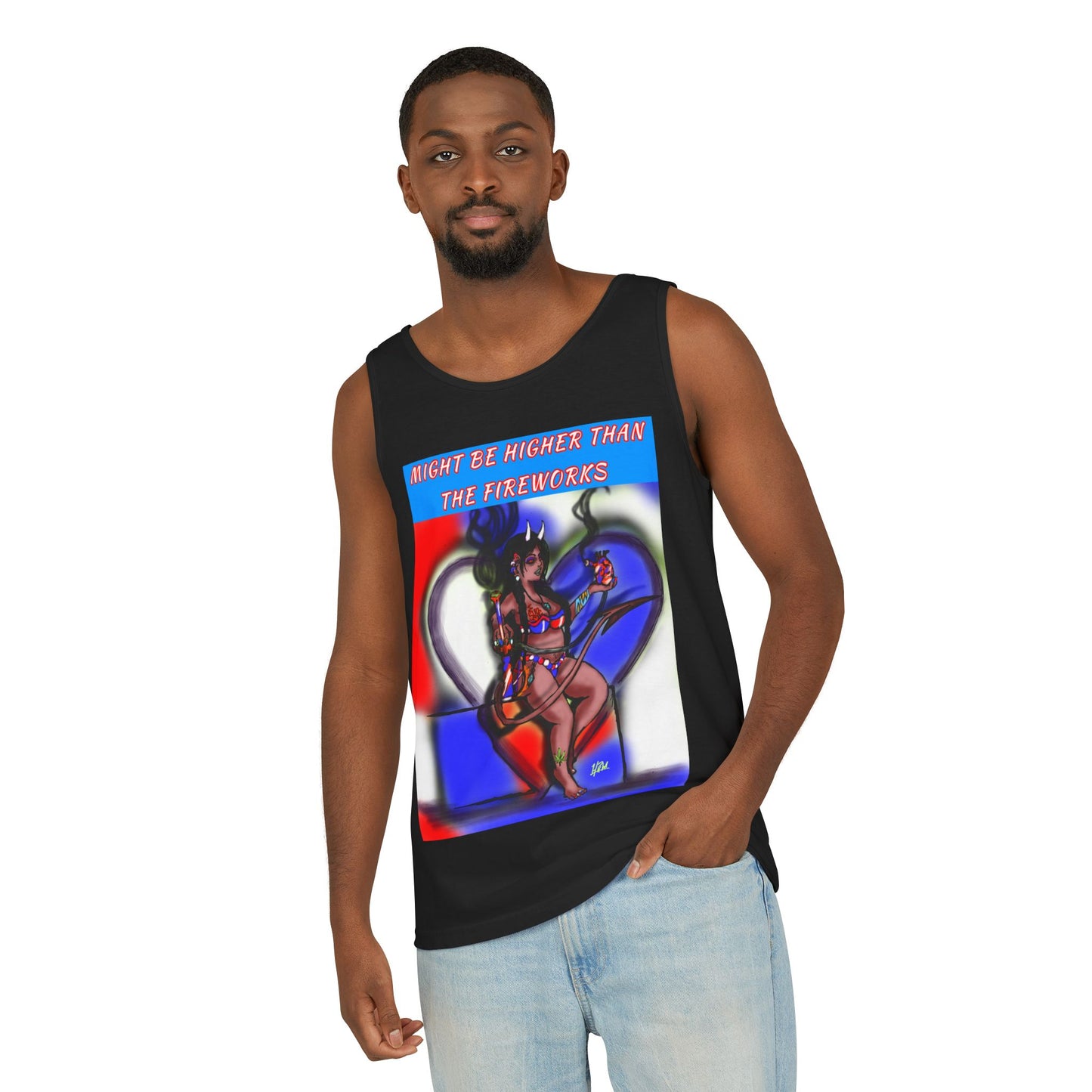 Vibrant Graphic Tank Top – Might Be Higher Than The Fireworks, Summer Apparel, Festival Wear, Unisex Fashion, Gift for Music Lovers