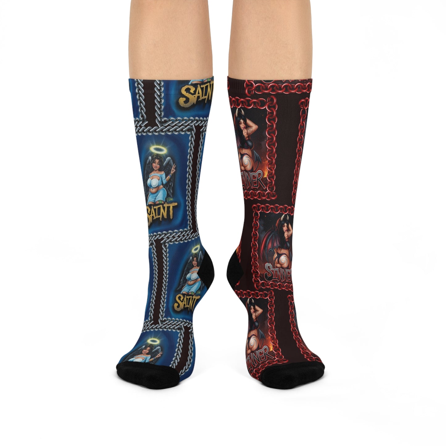 Saint & Sinner Crew Socks — Mismatched Blue and Red Graphic Cushioned Socks