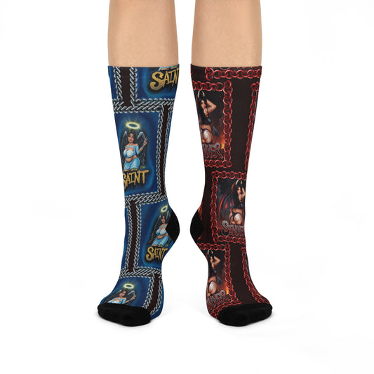 Saint & Sinner Crew Socks — Mismatched Blue and Red Graphic Cushioned Socks