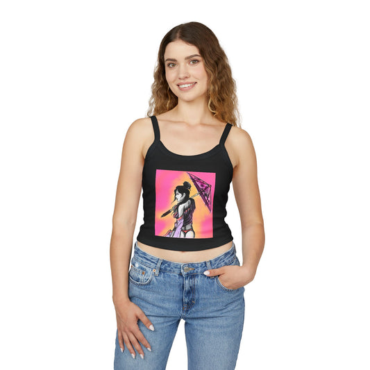 Vibrant Geisha Women's Spaghetti Strap Tank Top with Umbrella Design, Summer Wear, Beach Style, Festival Top, Casual Layering