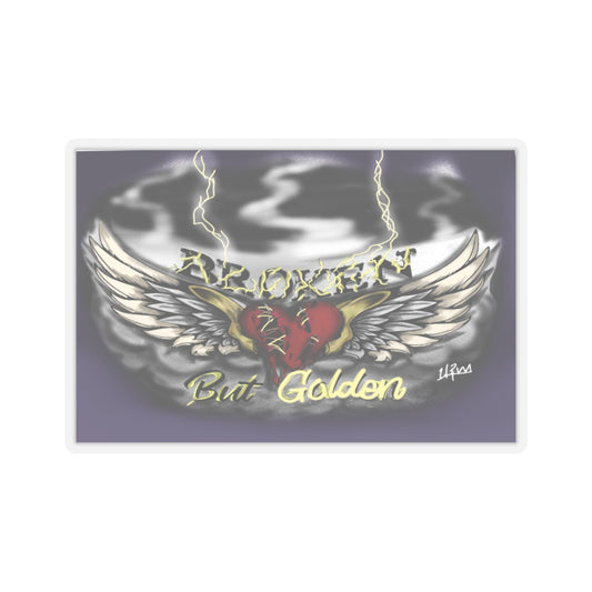 Broken But Golden kiss-cut sticker — transparent finish, 3″ × 3″