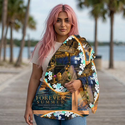Forever Summer Beach Towel — Tropical Harbor Scene with 'Forever Summer' Text