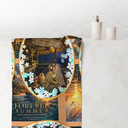 Forever Summer Beach Towel — Tropical Harbor Scene with 'Forever Summer' Text