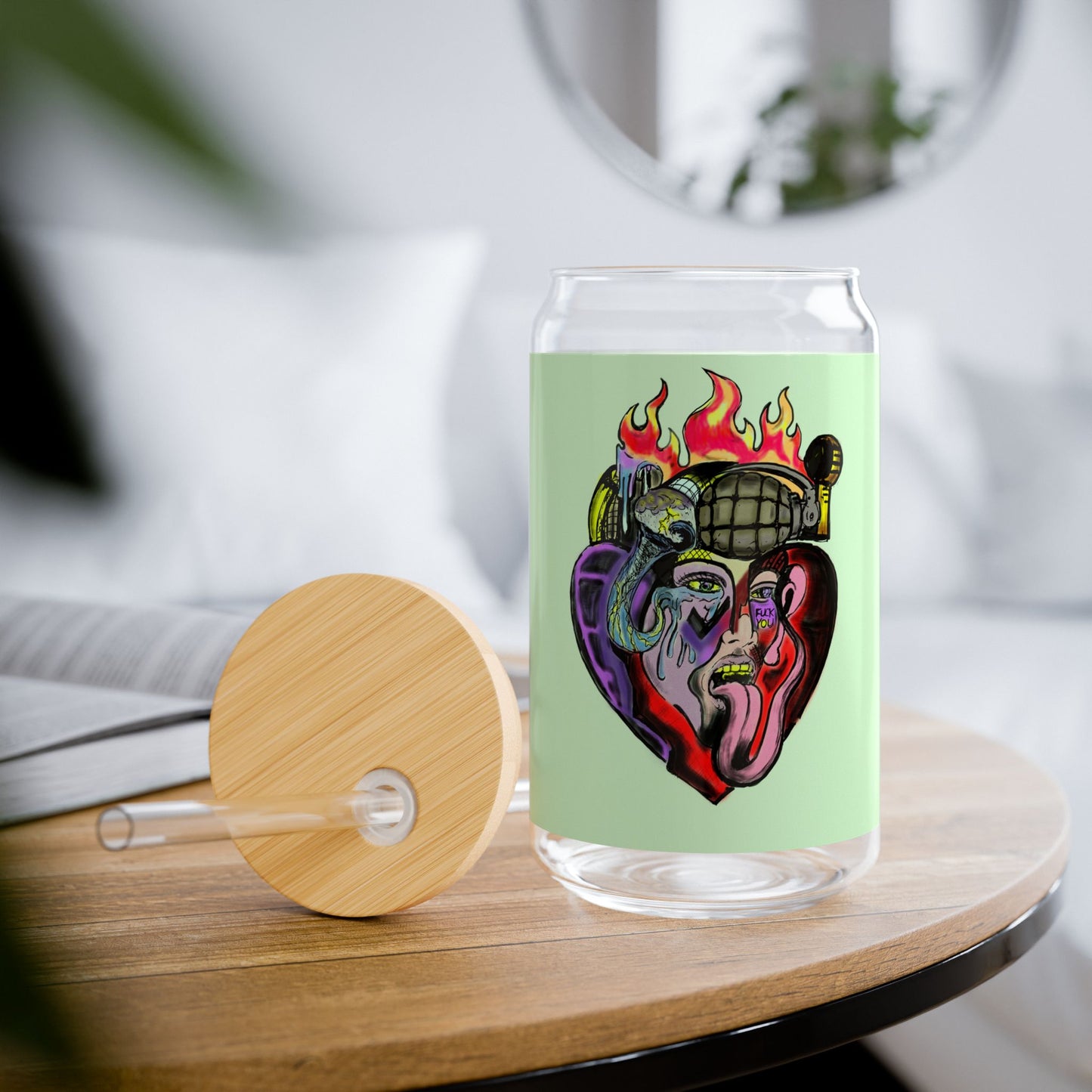 Heartfire 16oz Sipper Glass - Vibrant Design with Straw