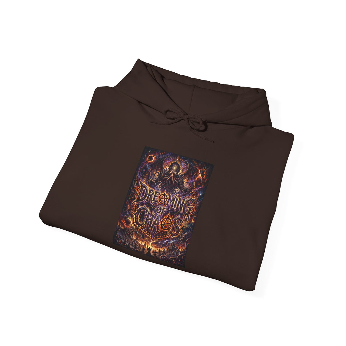 Dreaming of Chaos hoodie — dark chocolate, folded