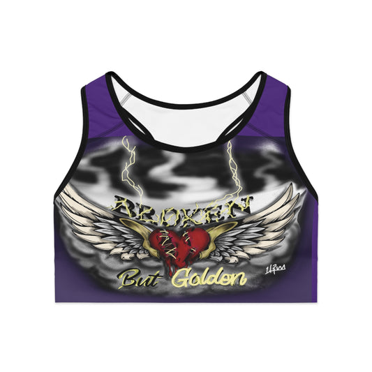 Edgy Graphic Sports Bra with Broken But Golden Design
