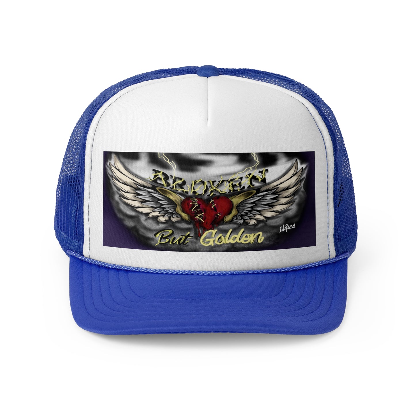 Broken but Golden trucker hat, artistic hat, custom art, artistic fashion