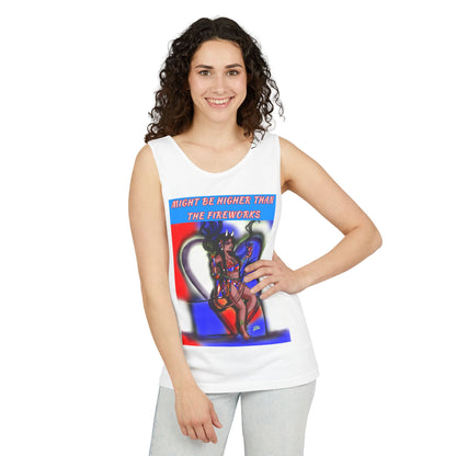Vibrant Graphic Tank Top – Might Be Higher Than The Fireworks, Summer Apparel, Festival Wear, Unisex Fashion, Gift for Music Lovers