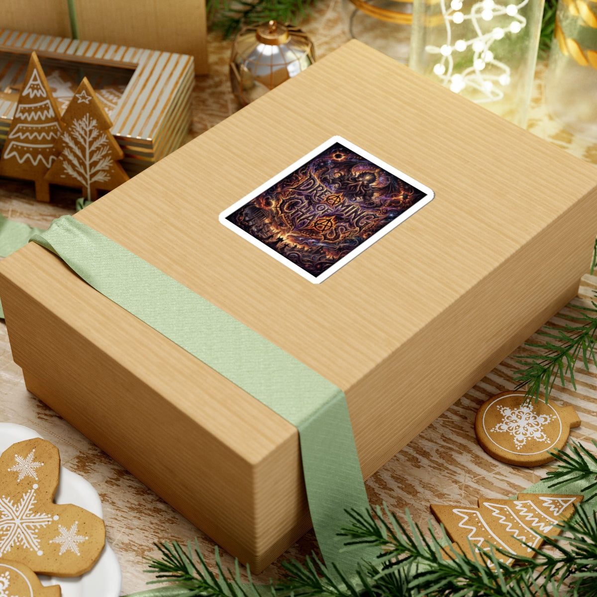 Dreaming of Chaos kiss-cut sticker on a gift box — white finish, 3″ × 3″