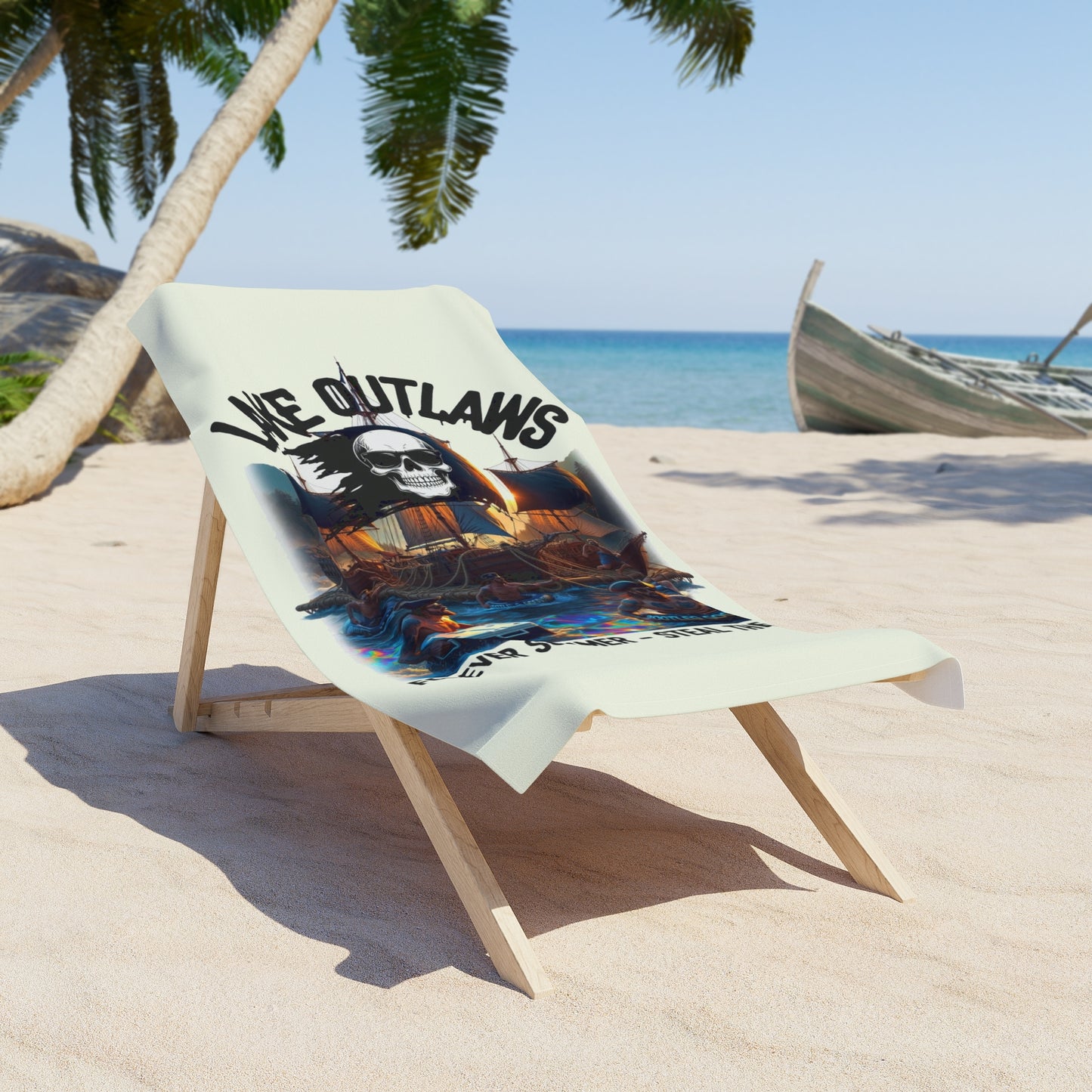 Lake Outlaws Beach Towel — "Forever Summer, Steal the Fun" Skull Pirate Design