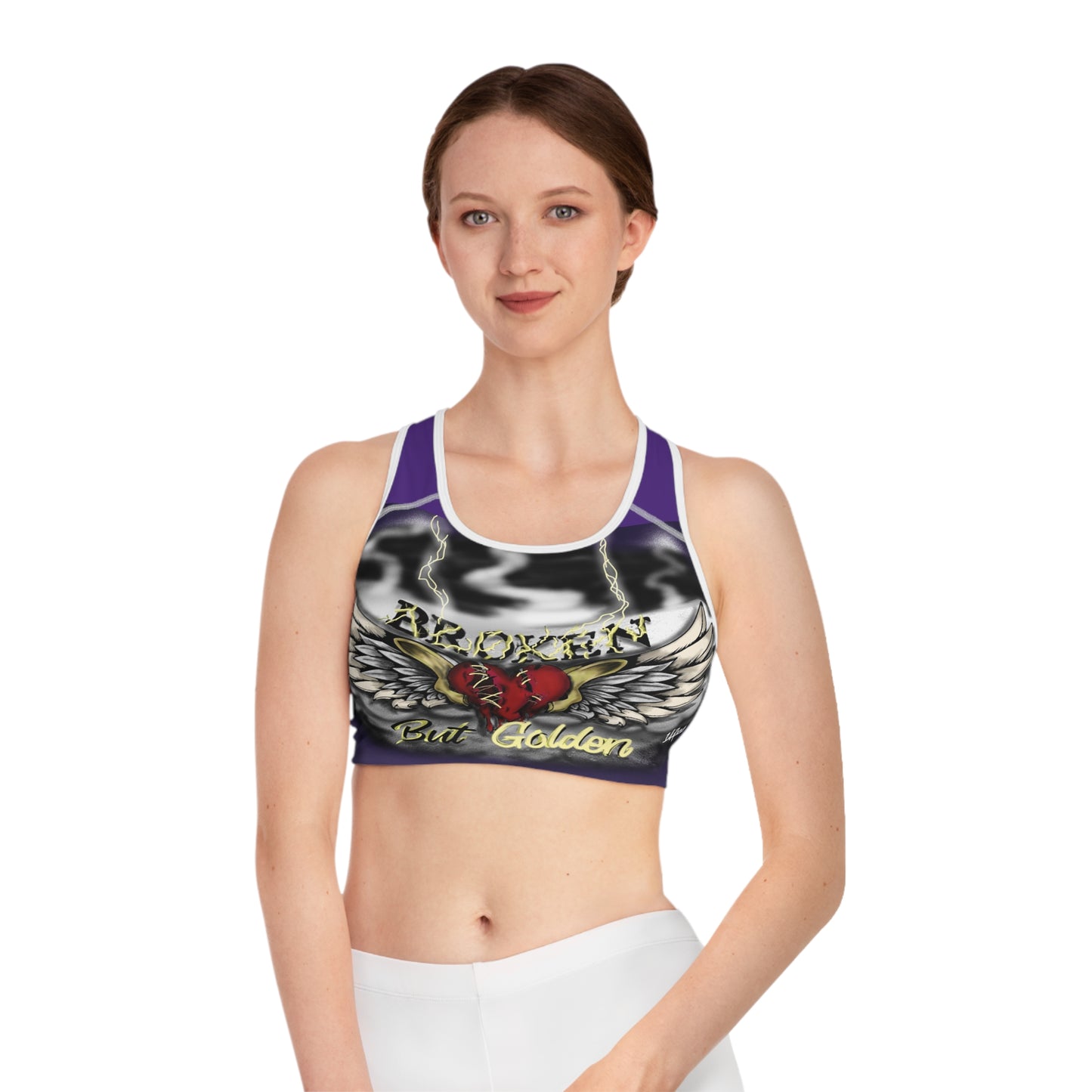 Edgy Graphic Sports Bra with Broken But Golden Design