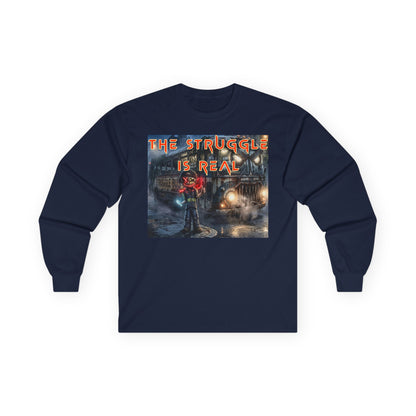 The Struggle Is Real long sleeve tee featuring a moody cinematic street scene by Reese Wilson
