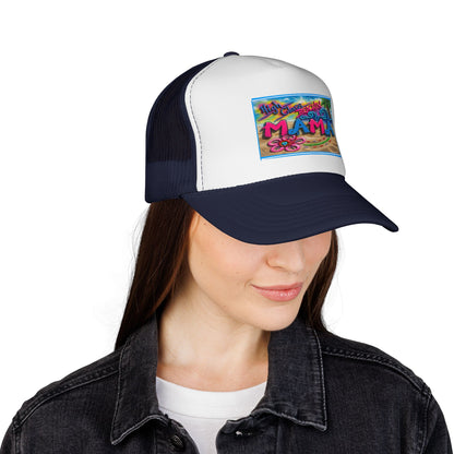 Mama Beach Trucker Hat — Colorful Tropical "MAMA" Cap for Moms, Vacation & Mother's Day