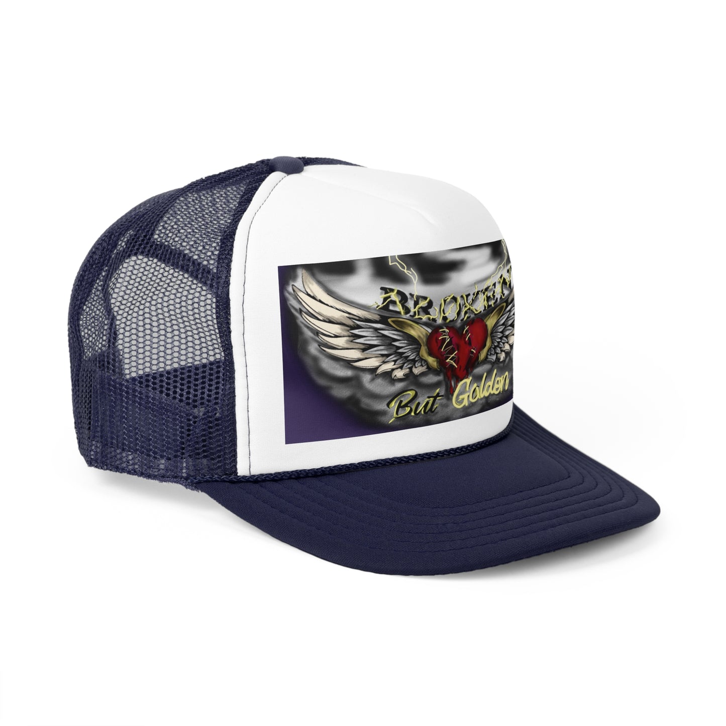 Broken but Golden trucker hat, artistic hat, custom art, artistic fashion