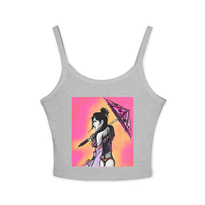 Vibrant Geisha Women's Spaghetti Strap Tank Top with Umbrella Design, Summer Wear, Beach Style, Festival Top, Casual Layering