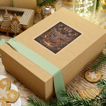 Dreaming of Chaos kiss-cut sticker on a gift box — transparent finish, 4″ × 4″