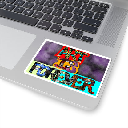 Art Is Forever kiss-cut sticker on a laptop — white finish, 4″ × 4″