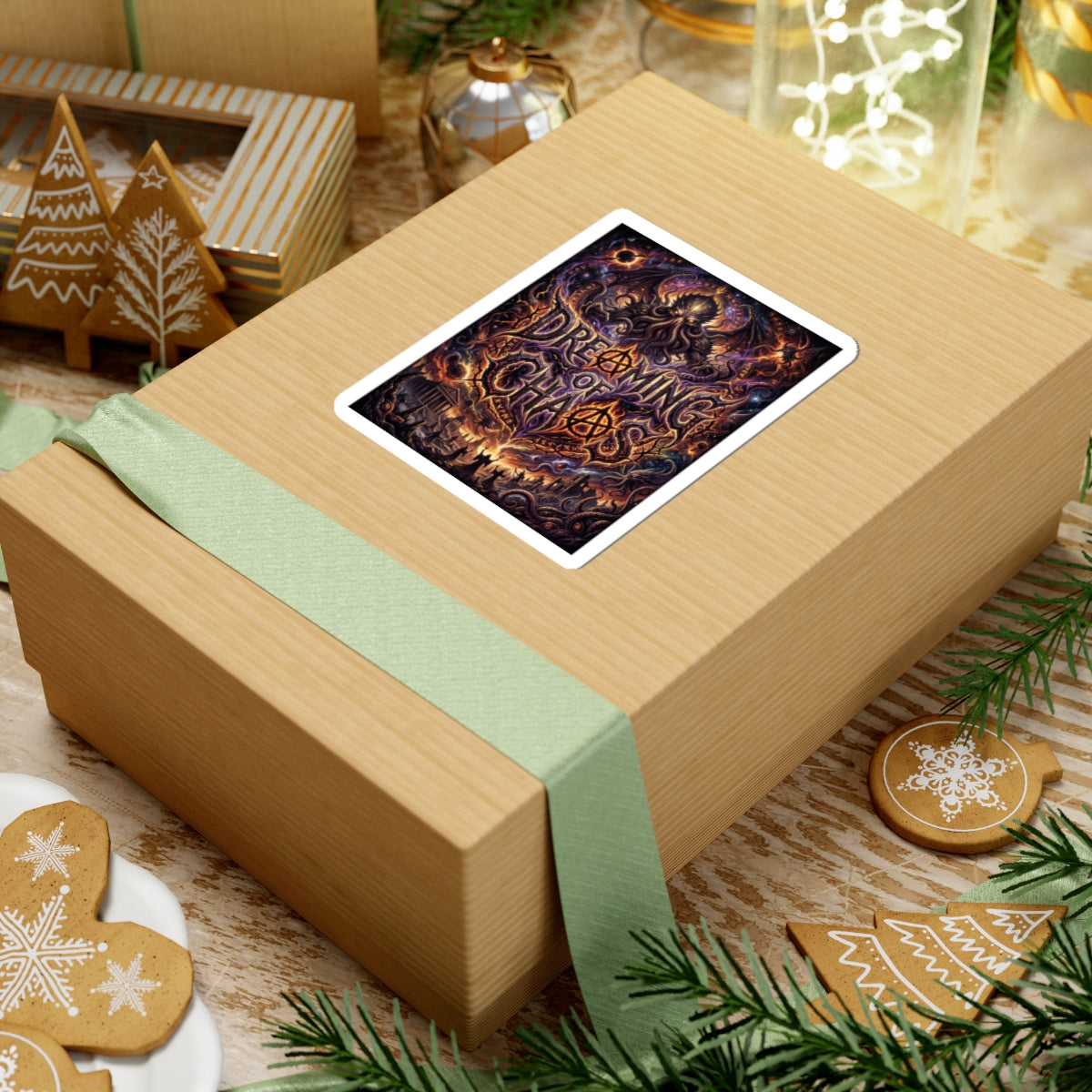 Dreaming of Chaos kiss-cut sticker on a gift box — white finish, 4″ × 4″