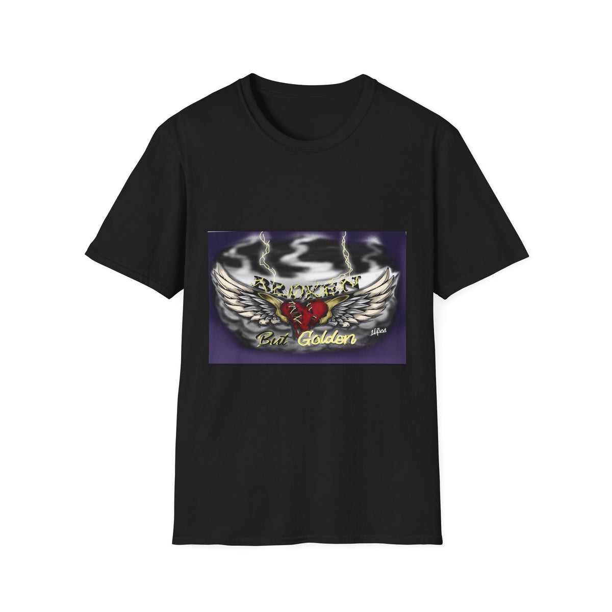 Broken But Golden graphic tee — black, front view