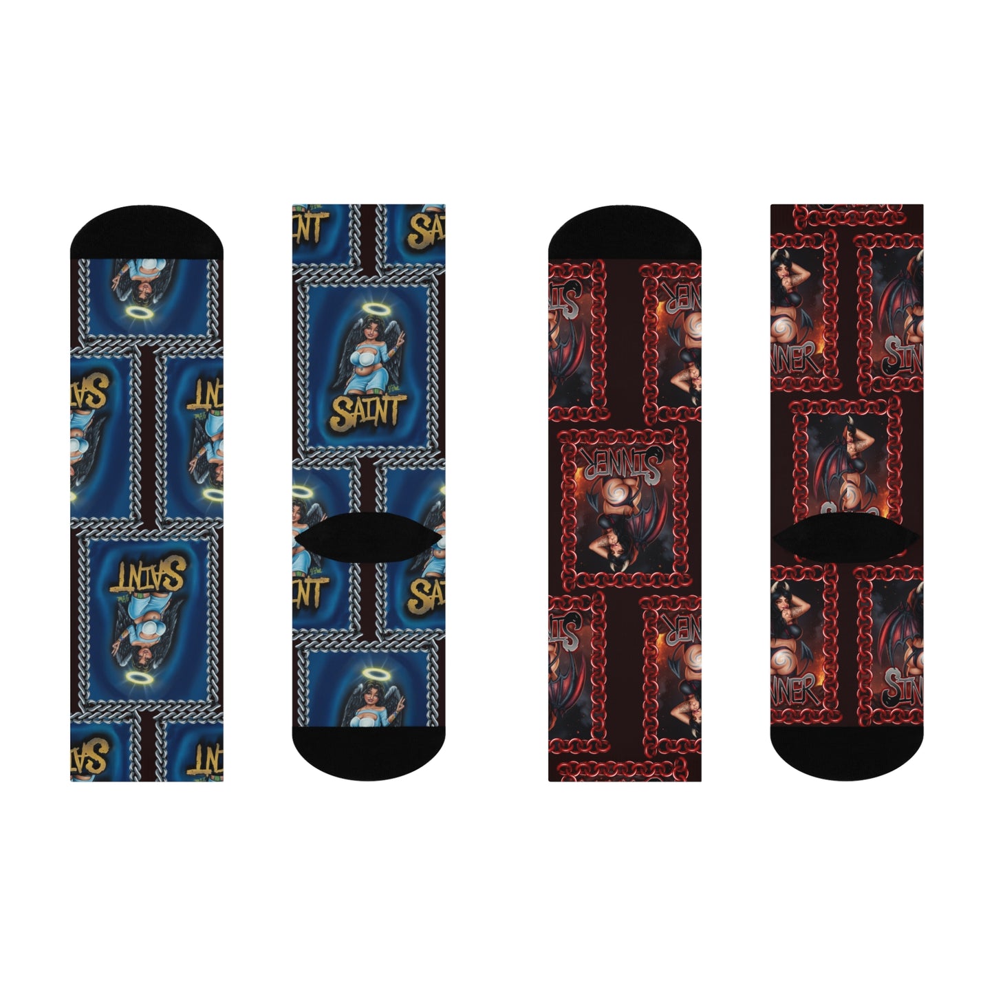 Saint & Sinner Crew Socks — Mismatched Blue and Red Graphic Cushioned Socks