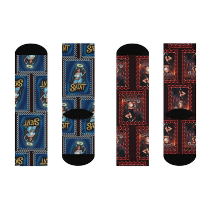 Saint & Sinner Crew Socks — Mismatched Blue and Red Graphic Cushioned Socks