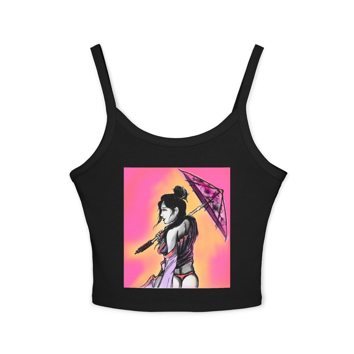 Vibrant Geisha Women's Spaghetti Strap Tank Top with Umbrella Design, Summer Wear, Beach Style, Festival Top, Casual Layering