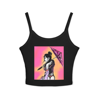 Vibrant Geisha Women's Spaghetti Strap Tank Top with Umbrella Design, Summer Wear, Beach Style, Festival Top, Casual Layering