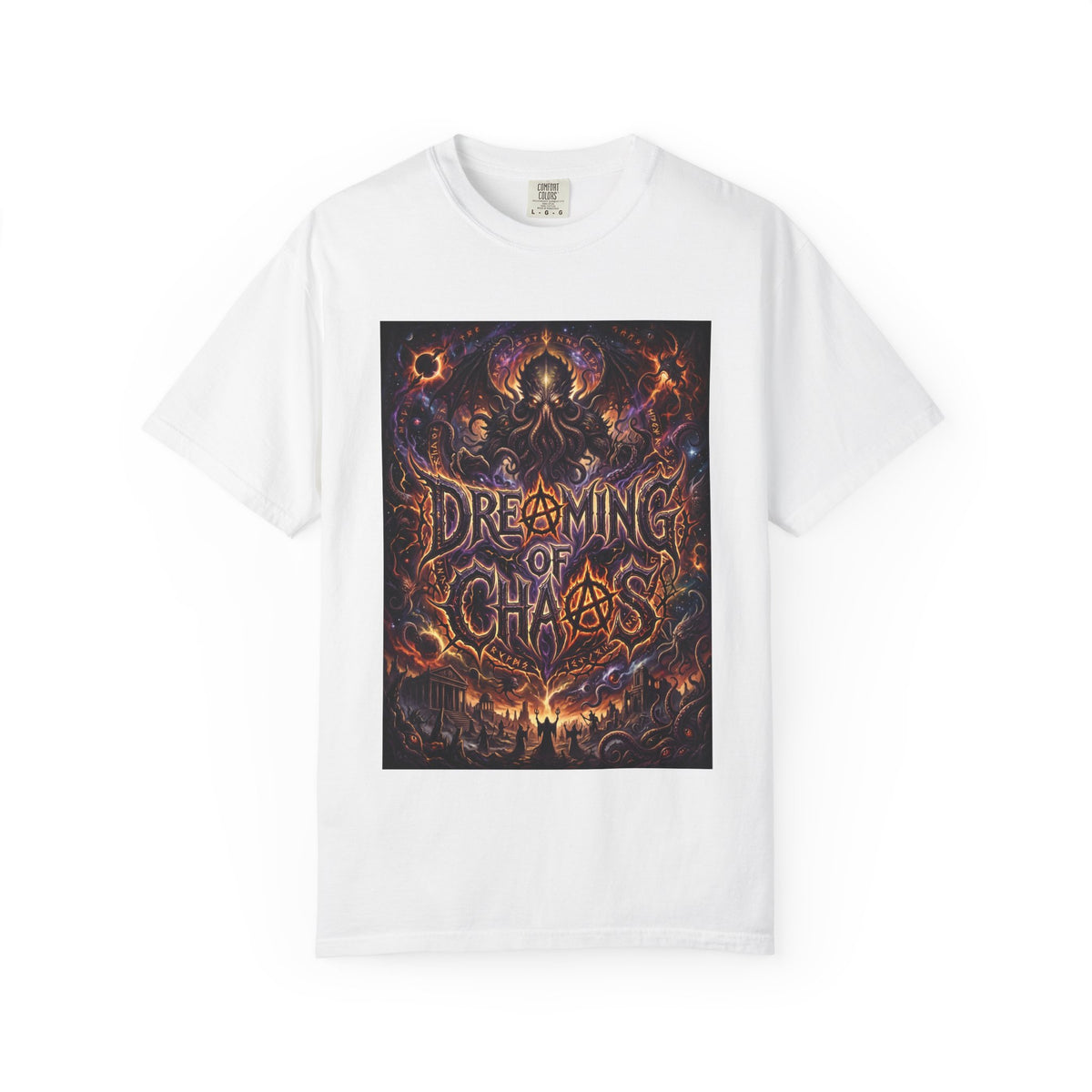 Dreaming of Chaos heavyweight tee — white, front view