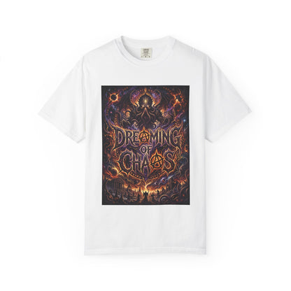 Dreaming of Chaos heavyweight tee — white, front view