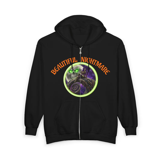 Beautiful Nightmare Zip-Up Hoodie | Unisex Heavy Blend Sweatshirt for Halloween, Cozy Layer, Lounge Wear, Gift for Spooky Season