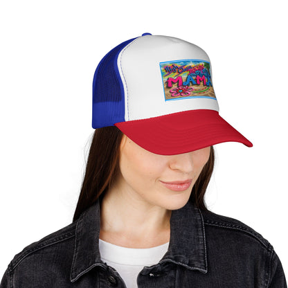 Mama Beach Trucker Hat — Colorful Tropical "MAMA" Cap for Moms, Vacation & Mother's Day