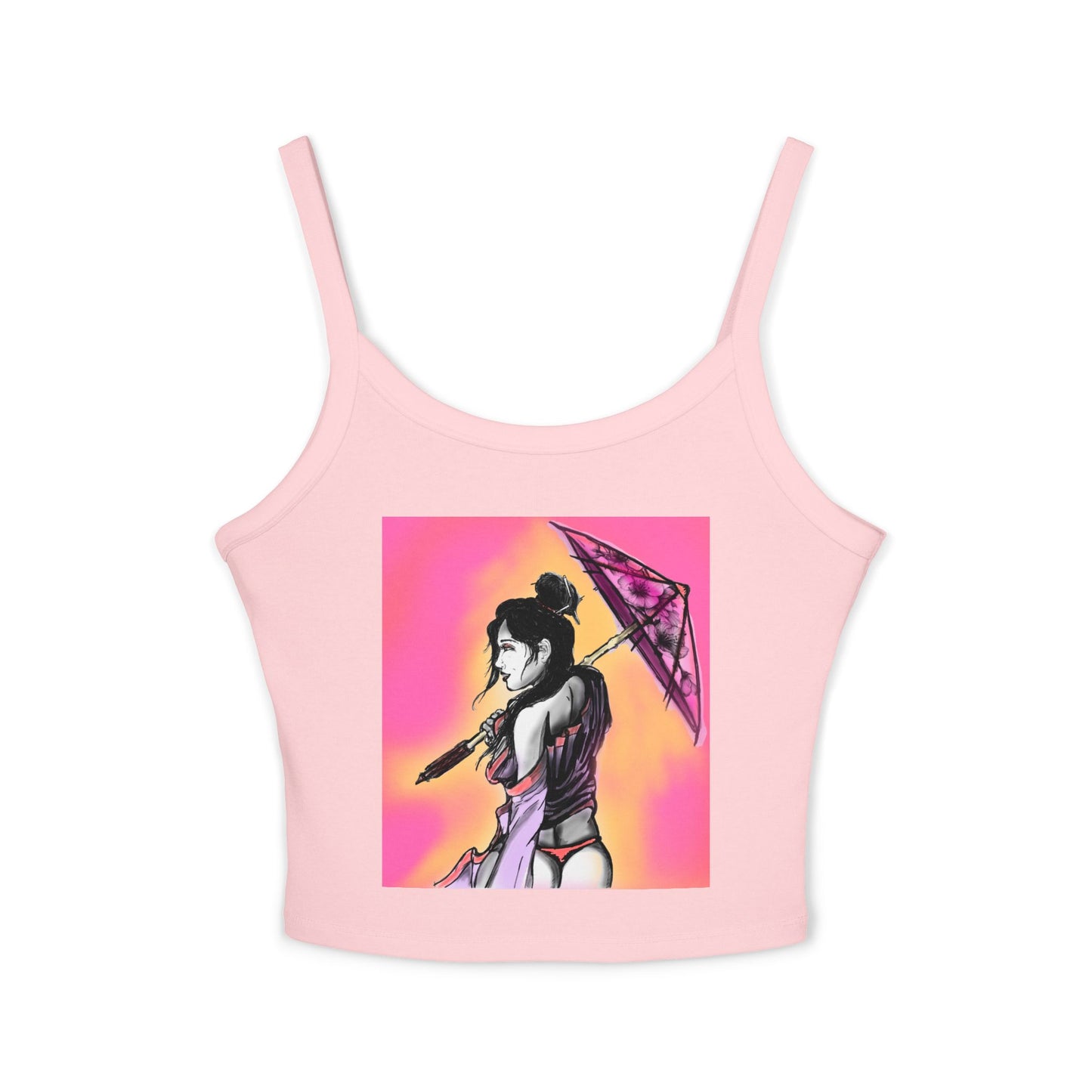 Vibrant Geisha Women's Spaghetti Strap Tank Top with Umbrella Design, Summer Wear, Beach Style, Festival Top, Casual Layering