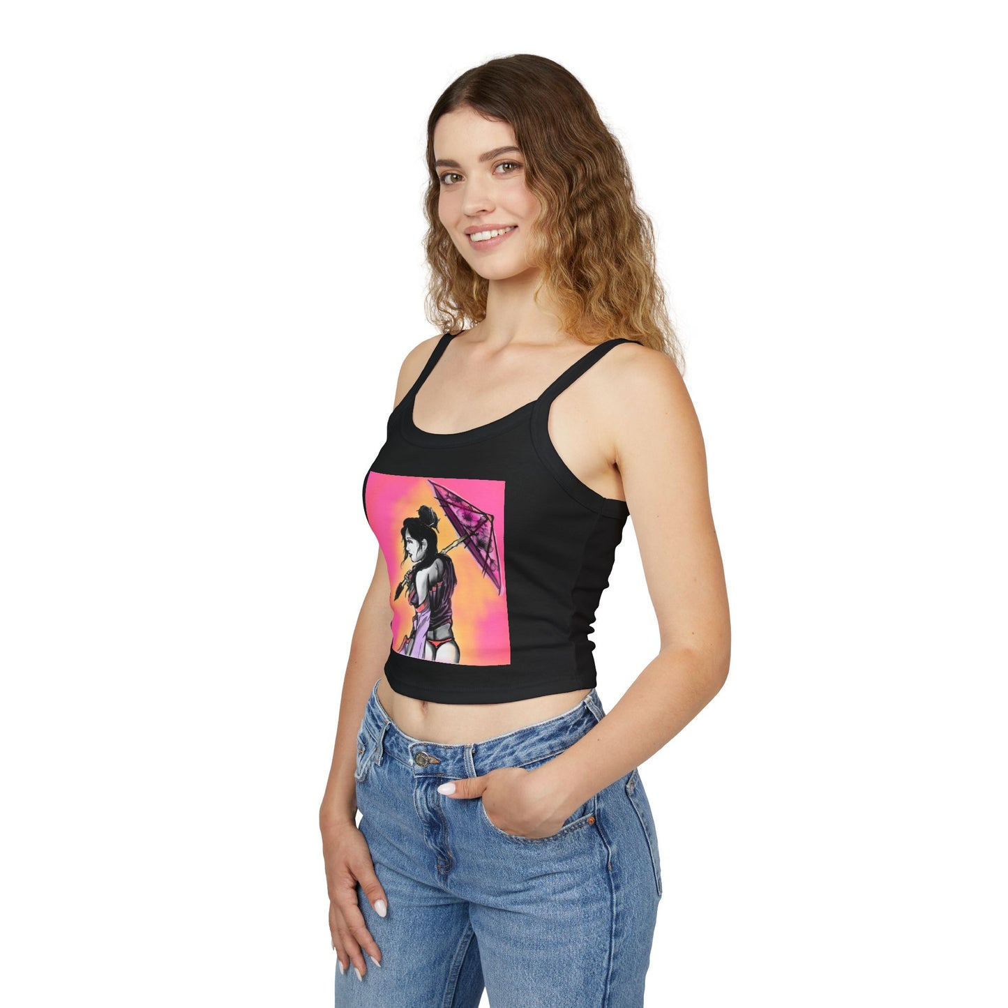 Vibrant Geisha Women's Spaghetti Strap Tank Top with Umbrella Design, Summer Wear, Beach Style, Festival Top, Casual Layering