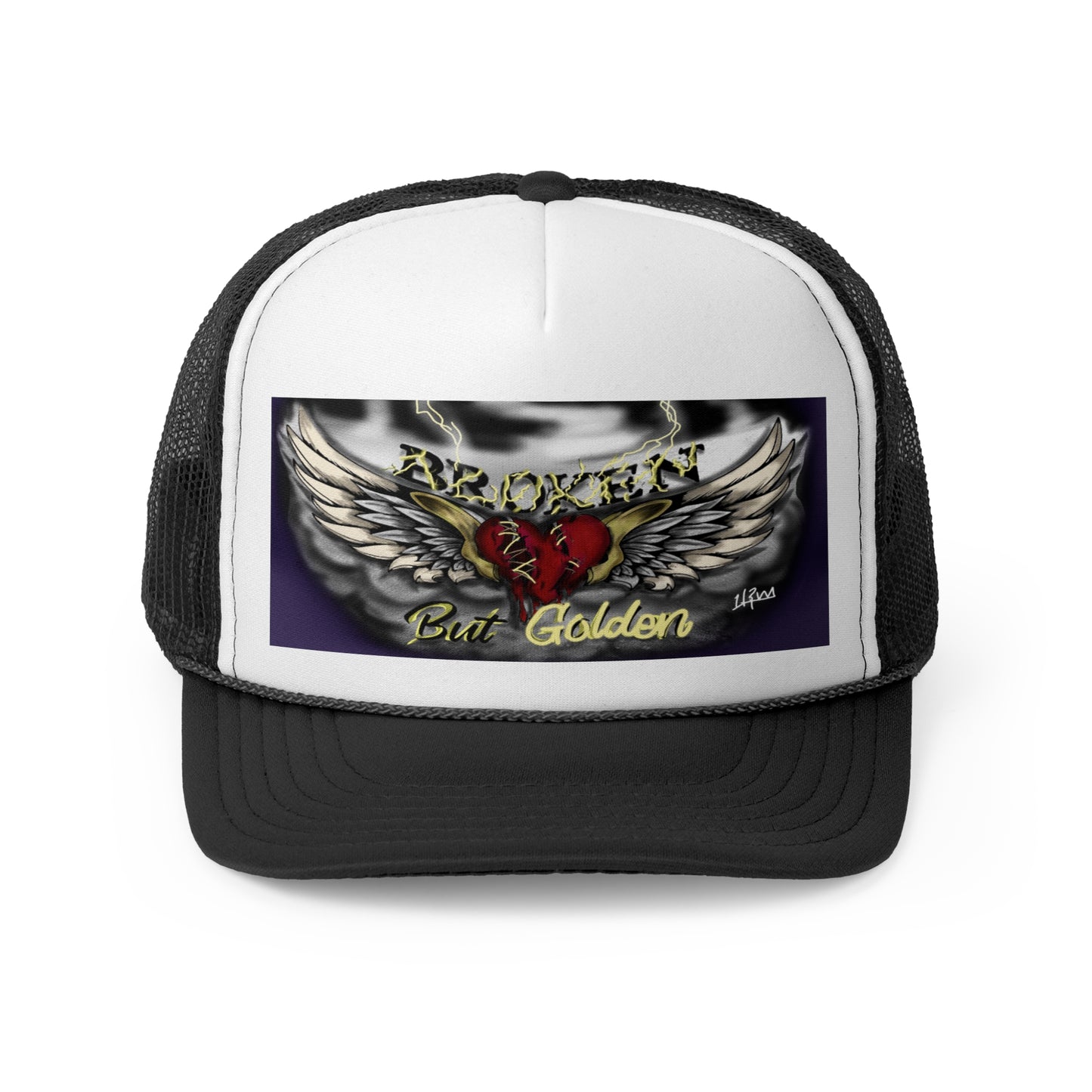 Broken but Golden trucker hat, artistic hat, custom art, artistic fashion